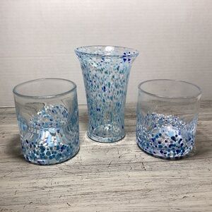 Blown Glass Candle Holders (2) and Vase (approximately 6” height)